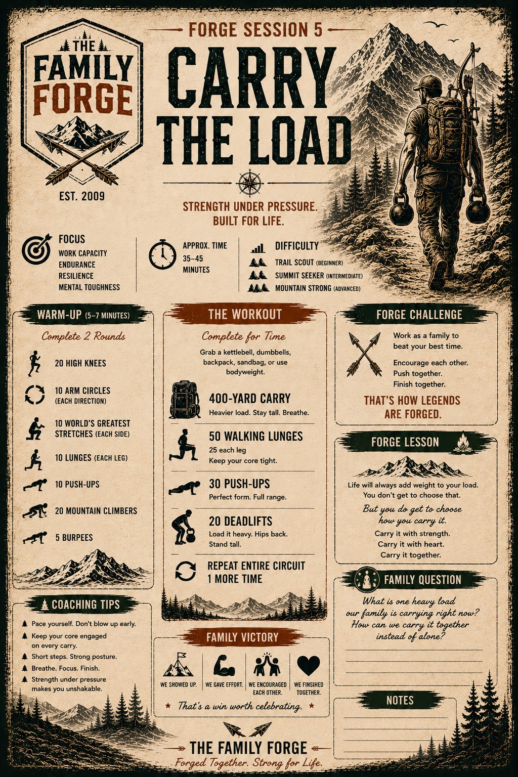 Forge Session 5: Carry the Load — a one-page printable family workout poster.